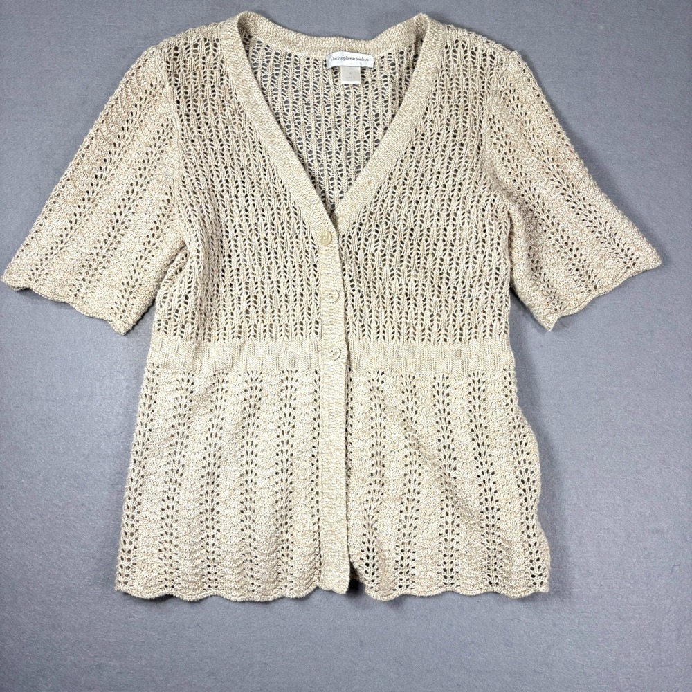 Christopher Banks Open Knit Cardigan M Scalloped Hem Neutral Boho‎ Shabby Chic